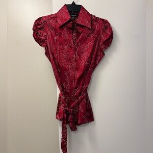 Gorgeous Bebe Silk Blouse - Red with white embroidered Flowers